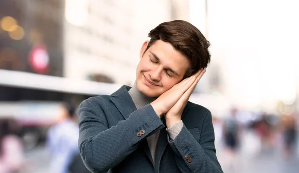 Teenager Man Turtleneck Making Sleep Gesture Dorable Expression Outdoors — Stock Photo, Image