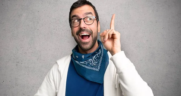 Handsome Man Glasses Intending Realizes Solution While Lifting Finger Textured — Stock Photo, Image
