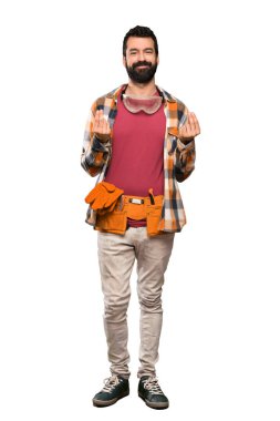 Esnaf adam izole beyaz arka plan üzerinde para jest yapma