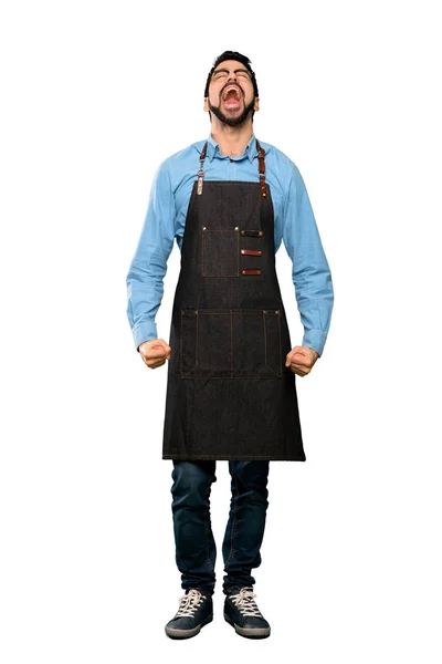 Full Length Shot Man Apron Shouting Front Mouth Wide Open — Stock Photo, Image