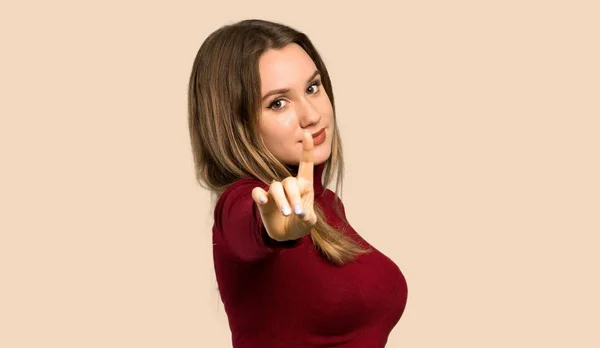 Teenager Girl Turtleneck Showing Lifting Finger Isolated Ocher Background — Stock Photo, Image