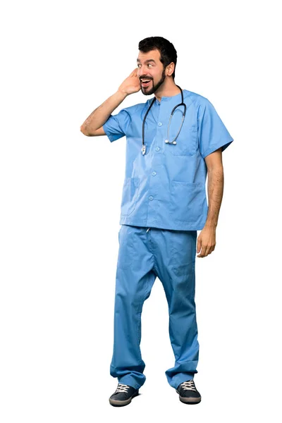 Full Length Shot Surgeon Doctor Man Listening Something Putting Hand — Stock Photo, Image