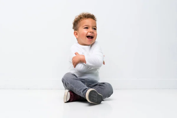 Happy Kid Isolated White Background Sitting Floor — Stock Photo, Image