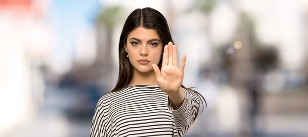 Teenager Girl Striped Shirt Making Stop Gesture Denying Situation Thinks — Stock Photo, Image