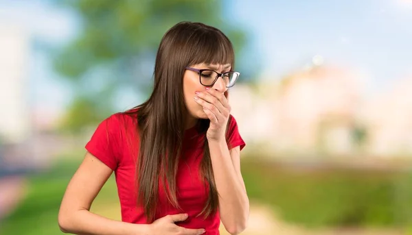 Woman Glasses Suffering Cough Feeling Bad Outdoors — Stock Photo, Image