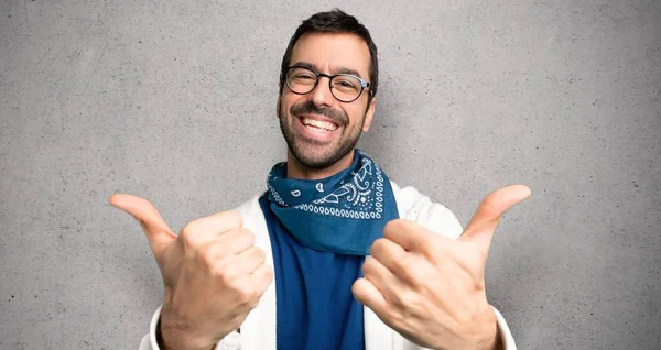 Handsome Man Glasses Giving Thumbs Gesture Both Hands Smiling Textured — Stock Photo, Image