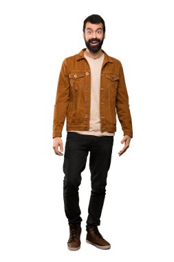 İzole beyaz arka plan üzerinde sürpriz yüz ifadesi ile sakallı yakışıklı adam