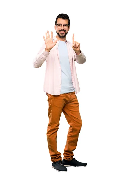 Полнометражный Снимок Красавчика Бородой Насчитавший Шесть Пальцев Изолированном Белом Фоне — стоковое фото