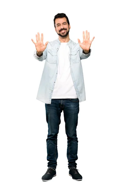 Full Length Shot Handsome Man Beard Counting Ten Fingers Isolated — Stock Photo, Image