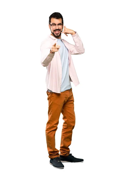 Full Length Shot Handsome Man Beard Making Phone Gesture Pointing — Stock Photo, Image