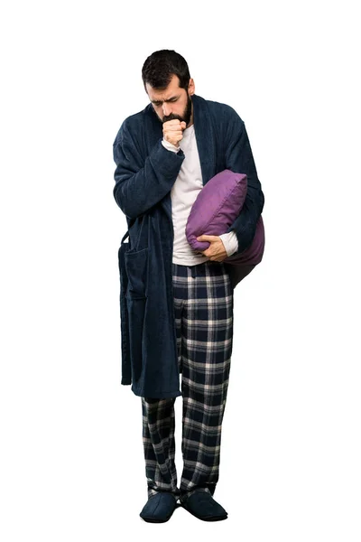 Homme Avec Barbe Pyjama Souffre Toux Sent Mal Sur Fond — Photo