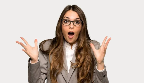 Business Woman Surprise Shocked Facial Expression Isolated Grey Background — Stock Photo, Image