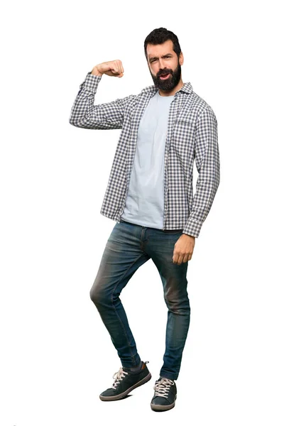 Hombre Guapo Con Barba Haciendo Gesto Fuerte Sobre Fondo Blanco — Foto de Stock