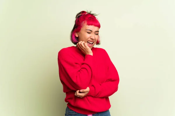 Mujer Joven Con Suéter Rojo Con Dolor Muelas —  Fotos de Stock