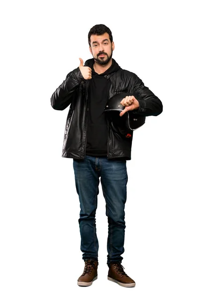 Full Length Shot Biker Man Making Good Bad Sign Undecided — Stock Photo, Image