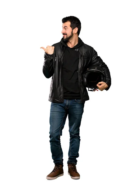 Full Length Shot Biker Man Pointing Side Present Product Isolated — Stock Photo, Image