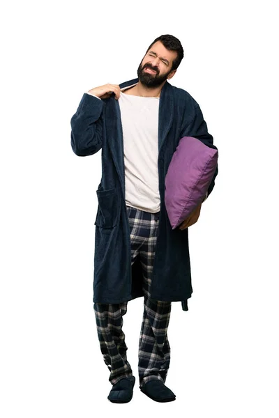 Man Met Baard Pyjama Met Vermoeide Zieke Uitdrukking Geïsoleerde Witte — Stockfoto