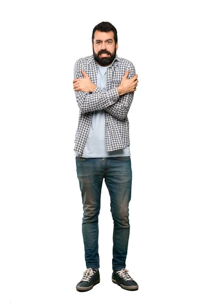 Bonito Homem Com Barba Congelando Sobre Fundo Branco Isolado — Fotografia de Stock