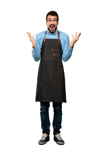 Full Length Shot Man Apron Shocked Facial Expression Isolated White — Stock fotografie