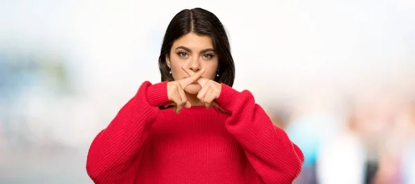 Teenager Girl Red Sweater Showing Sign Silence Gesture Outdoors — Stock Photo, Image