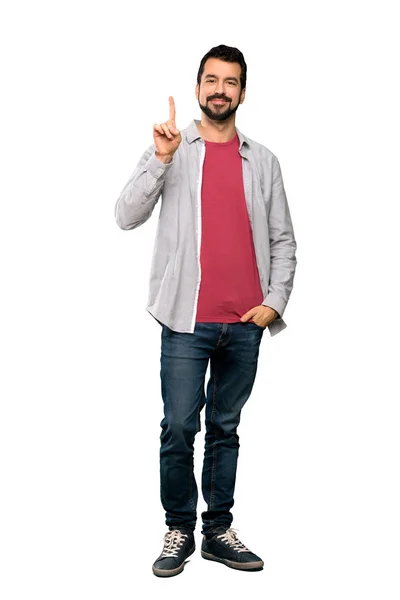Full Length Shot Handsome Man Beard Showing Lifting Finger Sign — Stock Photo, Image