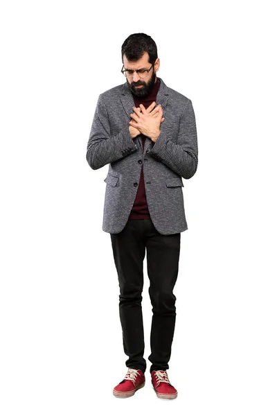 Hombre Guapo Con Gafas Que Tiene Dolor Corazón Sobre Fondo — Foto de Stock