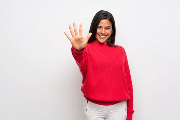 Young Colombian Girl Red Sweater Counting Five Fingers — 스톡 사진