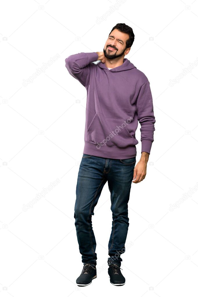 Full-length shot of Handsome man with sweatshirt with neckache over isolated white background