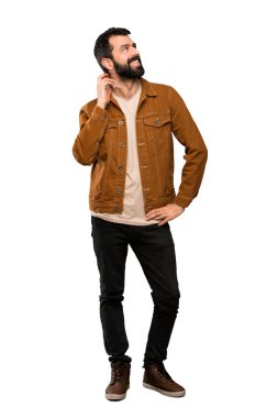 Bir fikir izole beyaz arka plan üzerinde düşünme sakallı yakışıklı adam