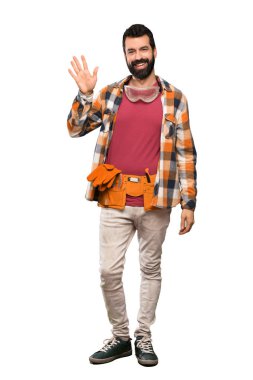 El ile izole beyaz arka plan üzerinde mutlu ifade ile Saluting esnaf adam