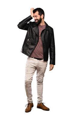 Sakallı yakışıklı adam bir şey ve çözüm izole beyaz arka plan üzerinde niyetinde gerçekleştirmiştir