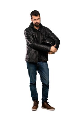 Tam uzunlukta çekim Biker adam duygu üzerinde izole beyaz arka plan üzerinde üzgün