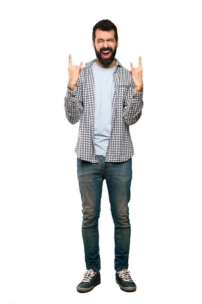 Handsome Man Beard Making Rock Gesture Isolated White Background — Stock Photo, Image