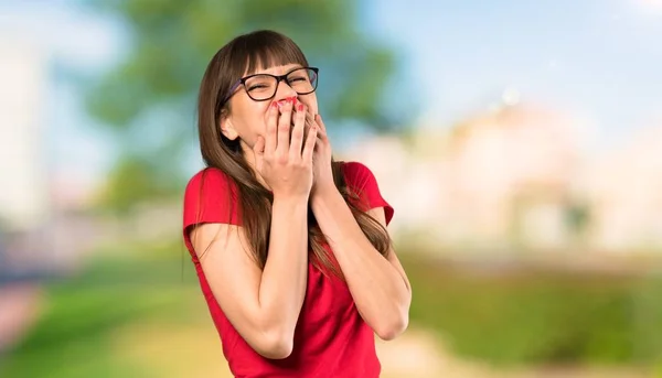 Woman Glasses Smiling Lot Outdoors — Stock Photo, Image