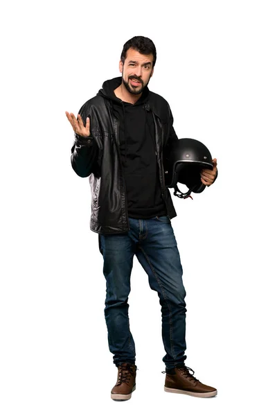 Full Length Shot Biker Man Making Doubts Gesture Isolated White — Stock Photo, Image