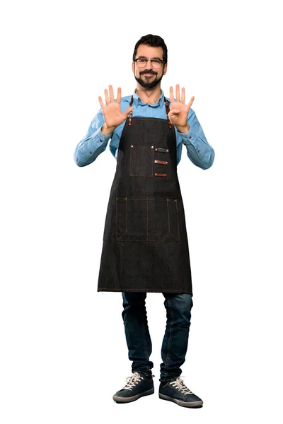 Full Length Shot Man Apron Counting Nine Fingers Isolated White — Stock Photo, Image