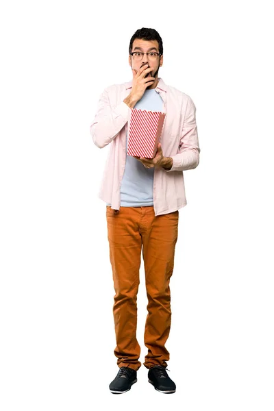 Full Length Shot Handsome Man Beard Eating Popcorns Isolated White — Stock Photo, Image