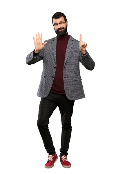 Hombre Guapo Con Gafas Contando Seis Con Dedos Sobre Fondo —  Fotos de Stock