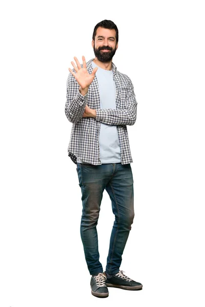 Bonito Homem Com Barba Contando Cinco Com Dedos Sobre Fundo — Fotografia de Stock
