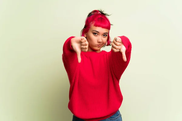 Young Woman Red Sweater Showing Thumb Both Hands — 스톡 사진
