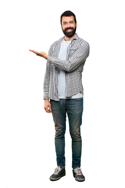 Handsome Man Beard Presenting Idea While Looking Smiling Isolated White — Stock Photo, Image