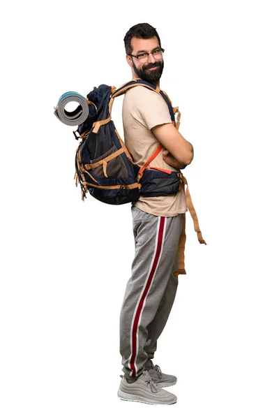 Caminante Hombre Con Gafas Sonriendo Sobre Fondo Blanco Aislado — Foto de Stock