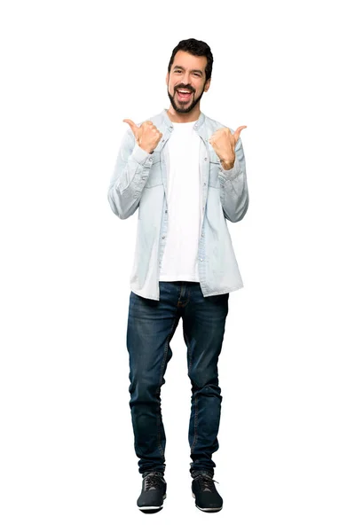 Full Length Shot Handsome Man Beard Thumbs Gesture Smiling Isolated — Stock Photo, Image