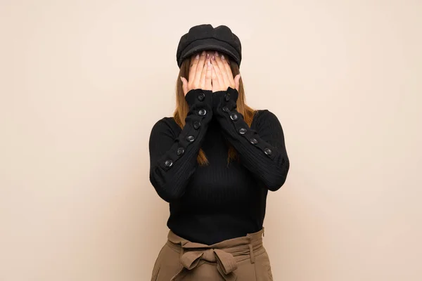 Fashion Woman Hat Tired Sick Expression — Stock Photo, Image