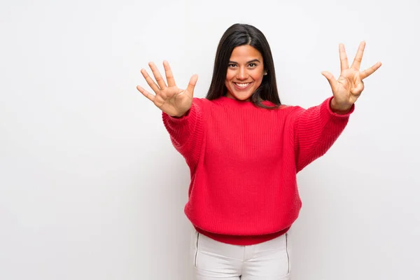 Young Colombian Girl Red Sweater Counting Nine Fingers — 스톡 사진