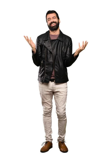 Bonito Homem Com Barba Sorrindo Muito Sobre Fundo Branco Isolado — Fotografia de Stock