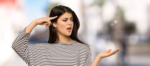 Teenager Girl Striped Shirt Making Gesture Madness Putting Finger Head — Stock Photo, Image