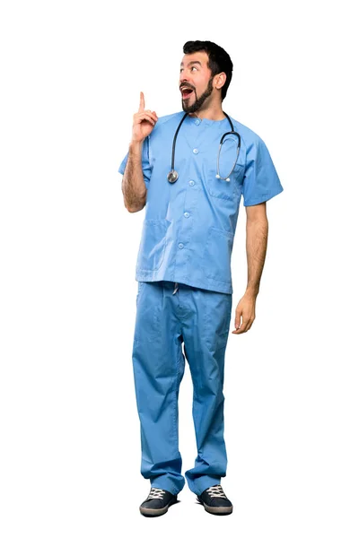 Full Length Shot Surgeon Doctor Man Intending Realizes Solution While — Stock Photo, Image