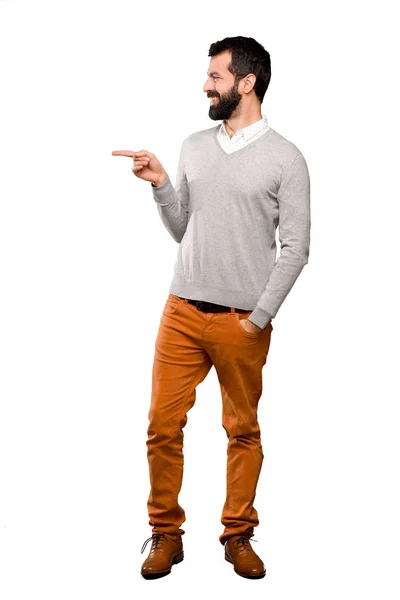 Yakışıklı Adam Izole Beyaz Arka Plan Üzerinde Tarafına Parmak Işaret — Stok fotoğraf