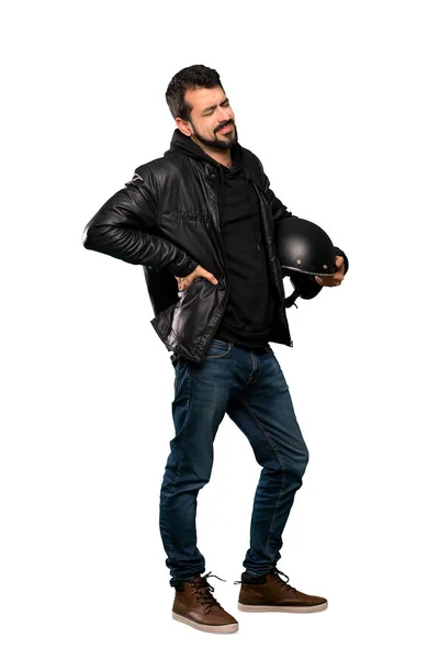 Full Length Colpo Biker Uomo Che Soffre Mal Schiena Aver — Foto Stock